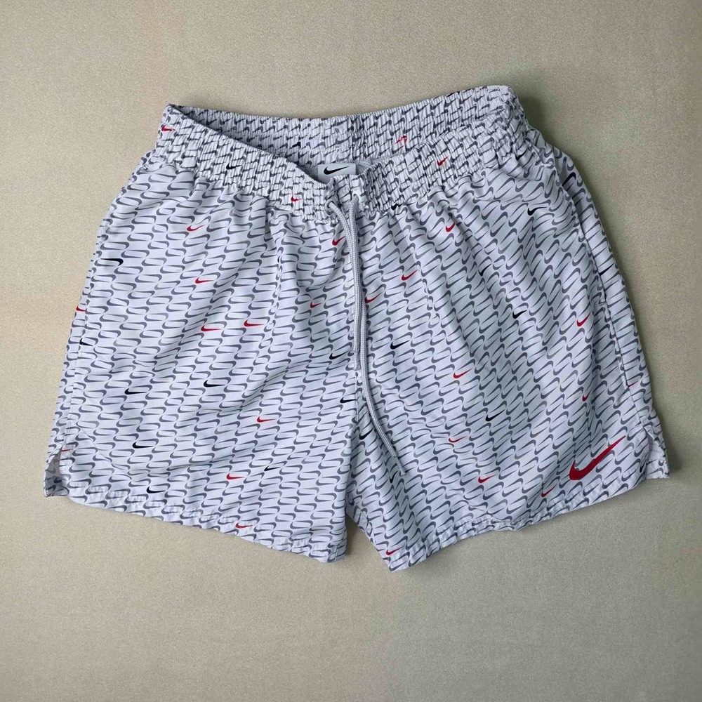 Nike Swim Trunks Men's Size M Swoosh Logo Print White Grey Red Shorts NESSC485